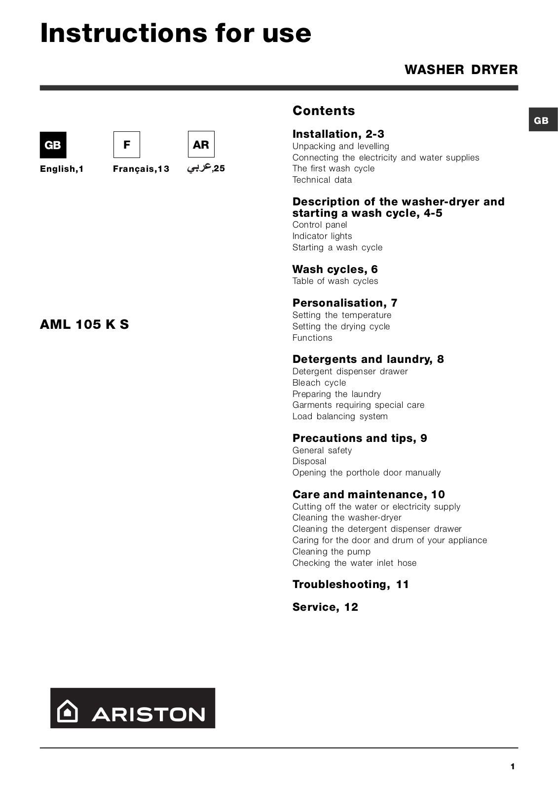 Hotpoint AML105K S 60 HZ User Manual