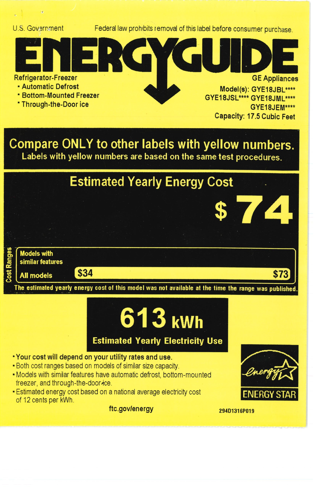 General Electric GYE18JEMDS Energy Guide