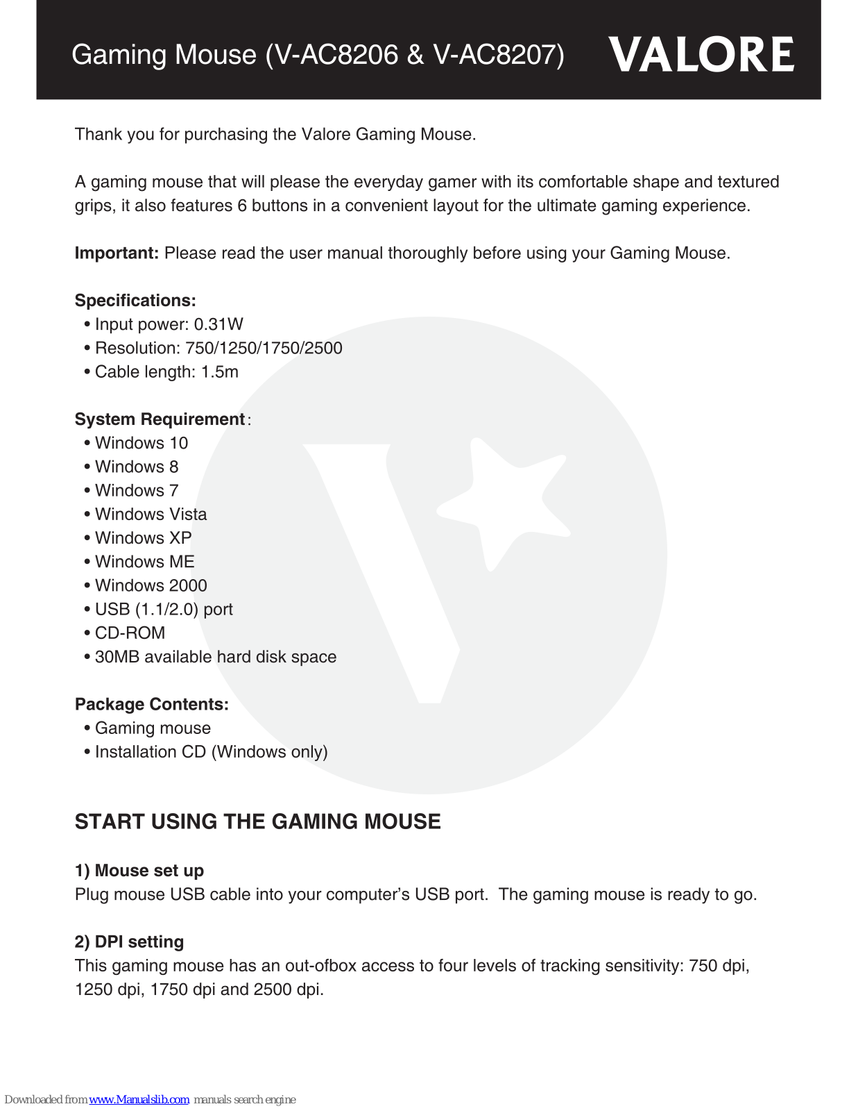 Valore V-AC8206, V-AC8207 User Manual