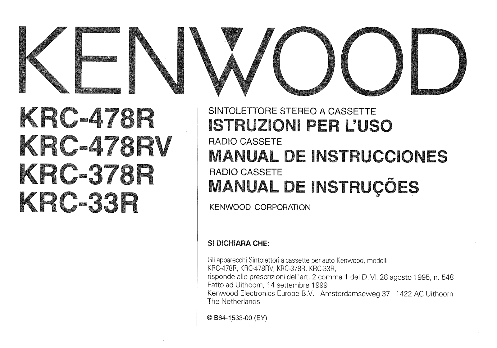 Kenwood KRC-478RV, KRC-378R, KRC-478R Owner's Manual