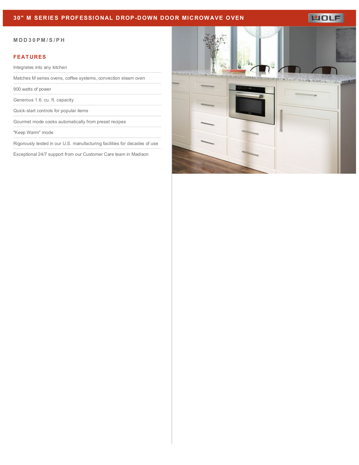 Wolf MDD30PM/S/PH Specification Sheet