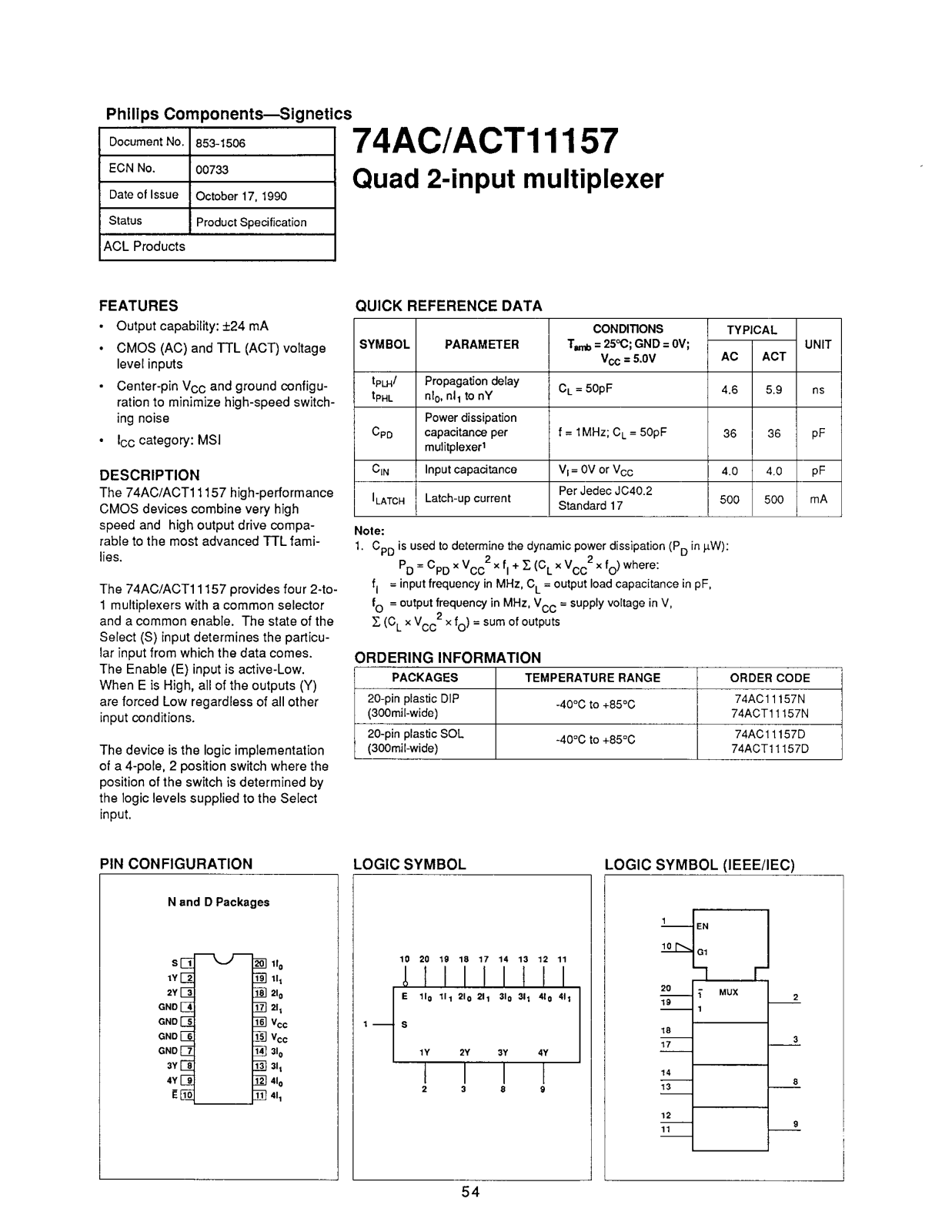 Philips 74ACT11157N, 74ACT11157D, 74AC11157N Datasheet