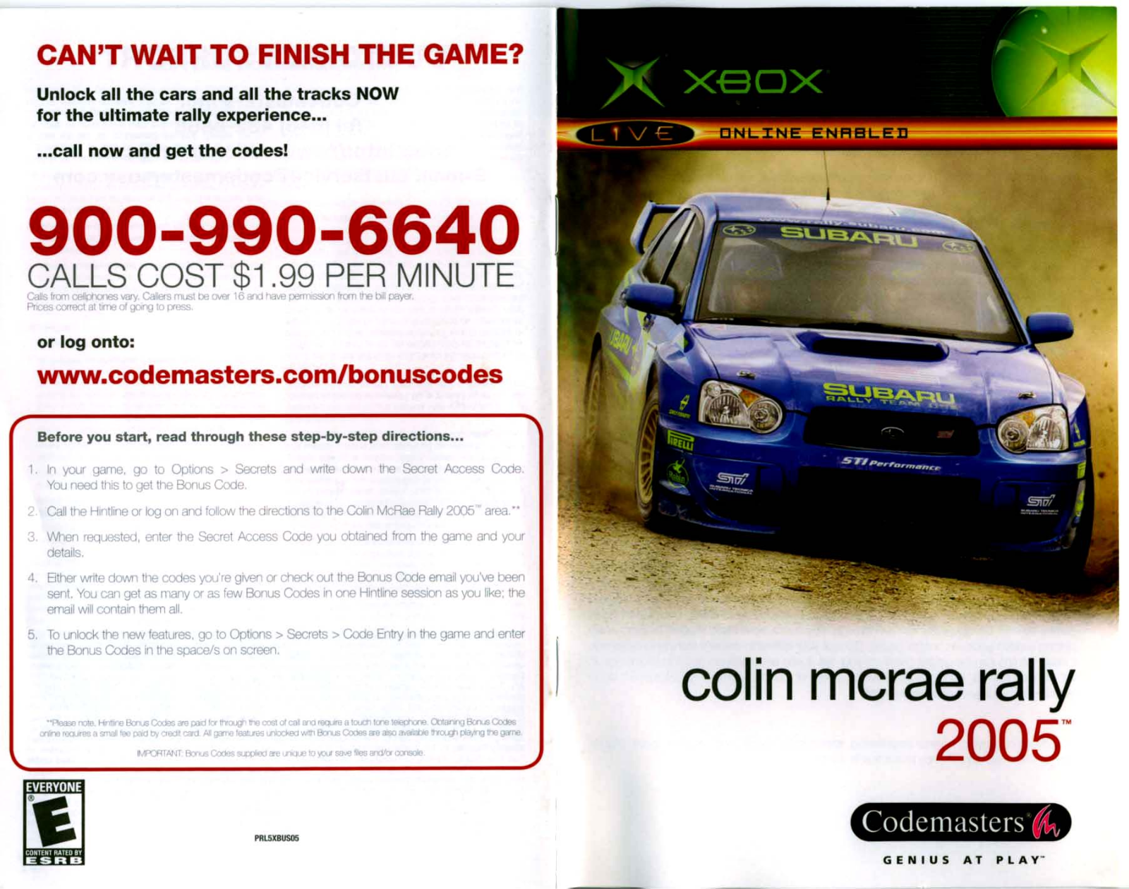 Games Microsoft XBOX COLIN MCRAE RALLY 2005 User Manual