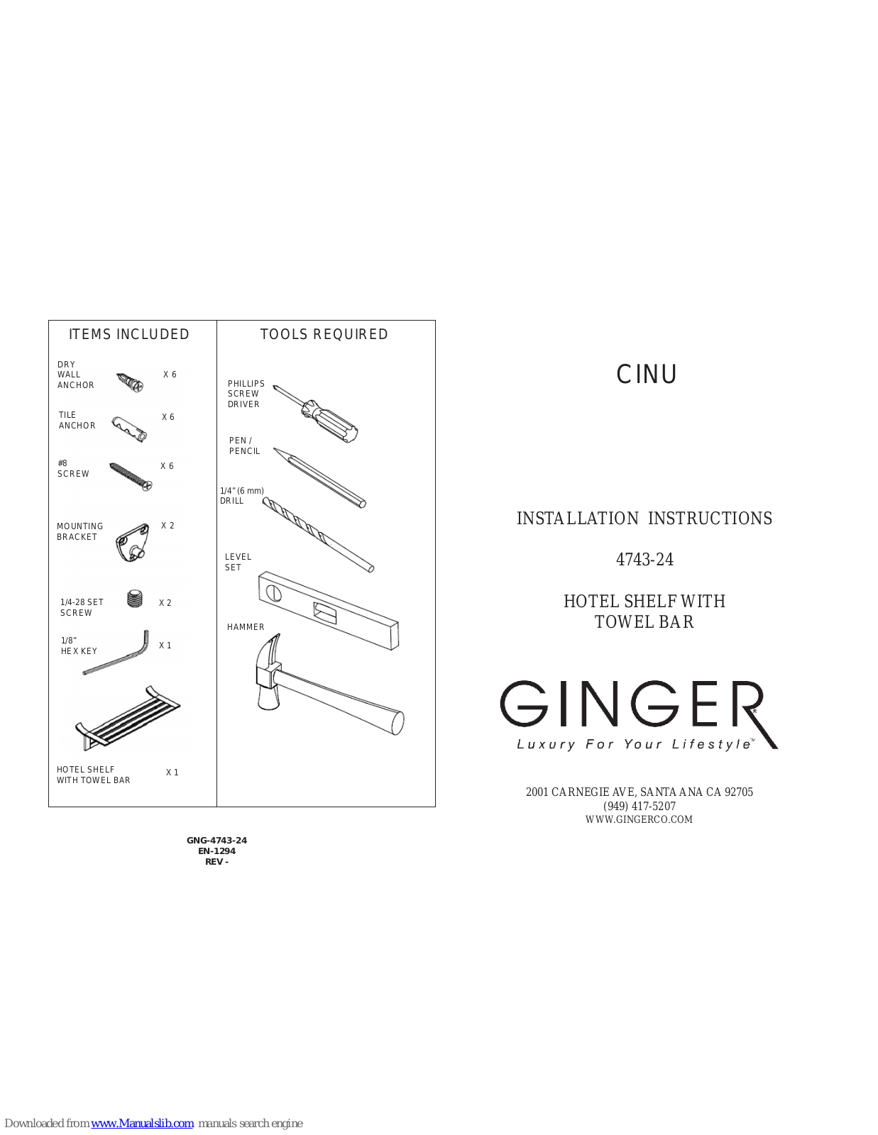 Ginger 4743-24, Cinu Installation Instructions Manual - ManualMachine.com