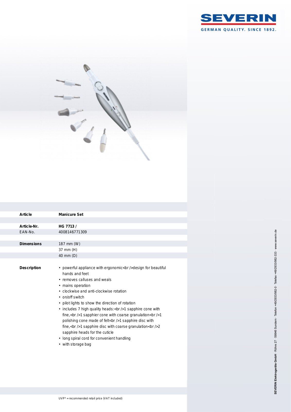 Severin MANICURE SET, HG 7713 User Manual