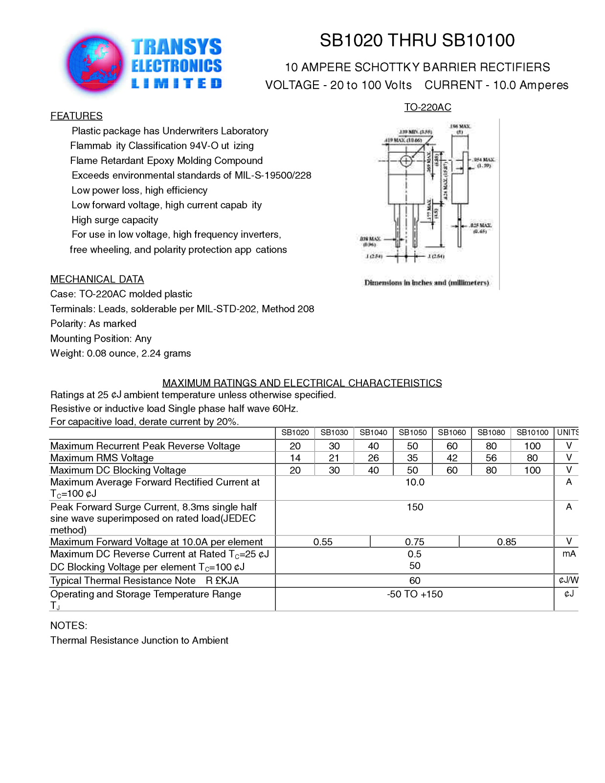 TEL SB1030, SB1020, SB1040, SB10100, SB1080 Datasheet