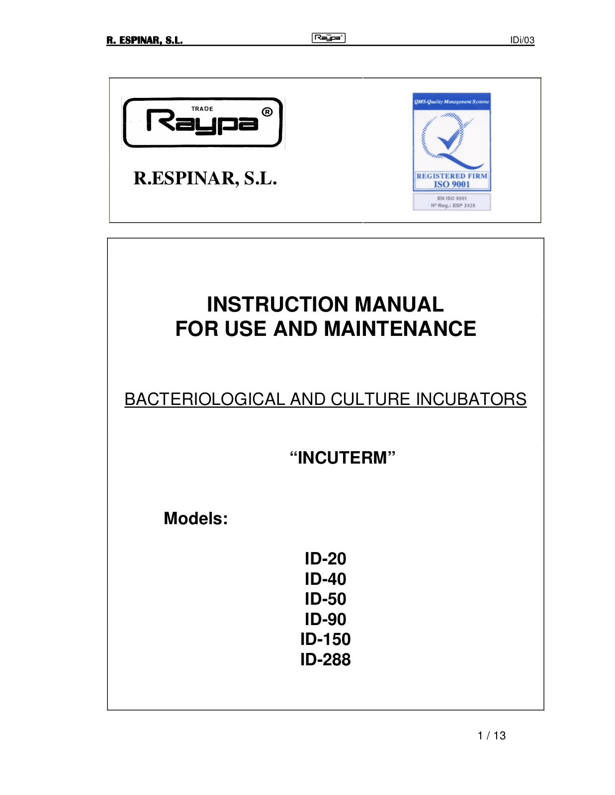 Raypa ID Culture Incubator User manual