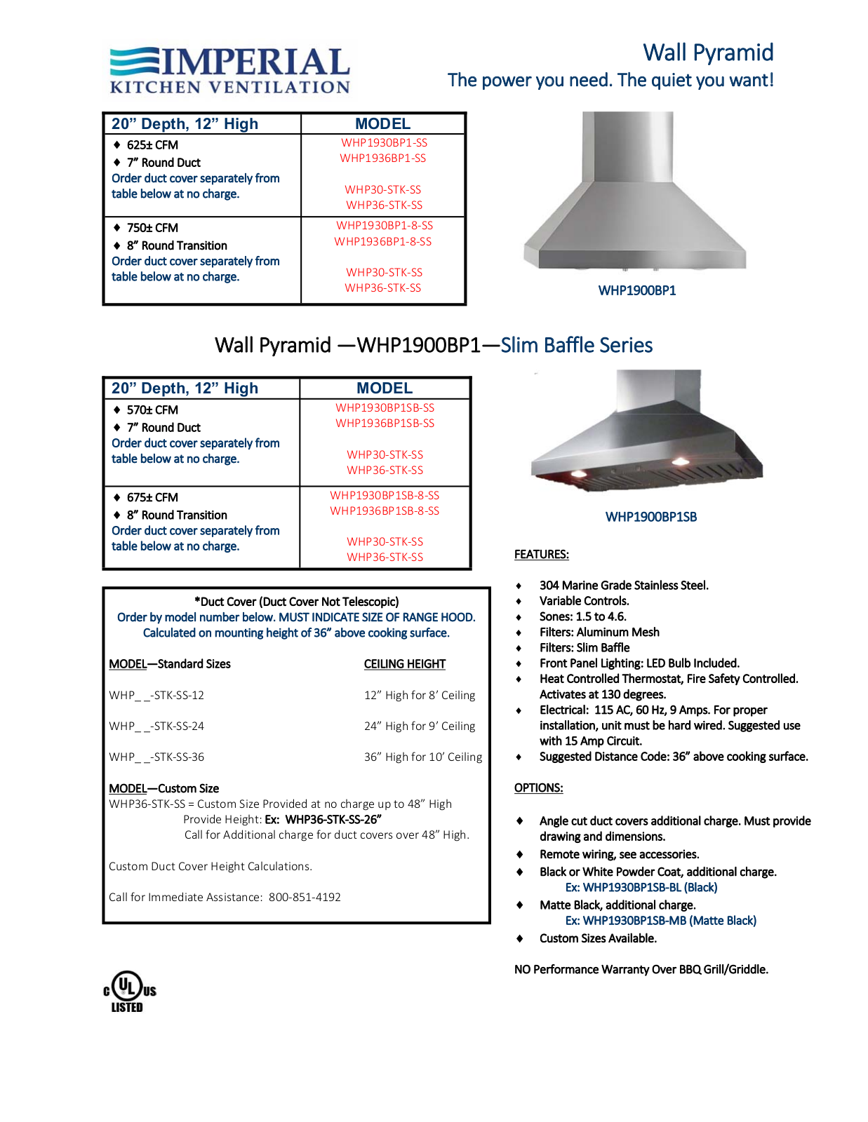 Imperial WHP1936BP18SS, WHP1936BP1SS, WHP1936BP1SBSS, WHP1936BP1SB8SS Specifications