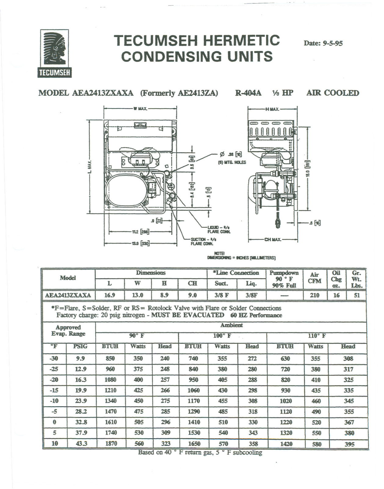 Tecumseh AEA2413ZXAXD Performance Data Sheet