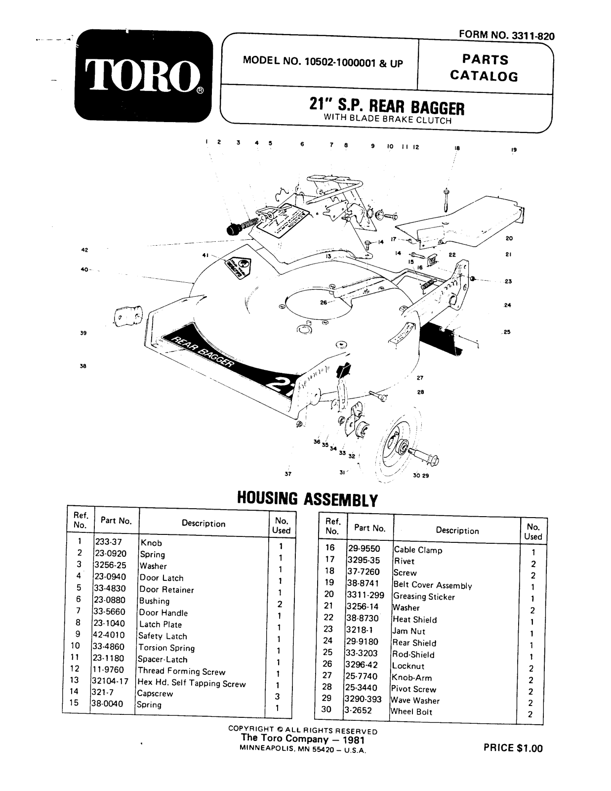 Toro 10502 Parts Catalogue