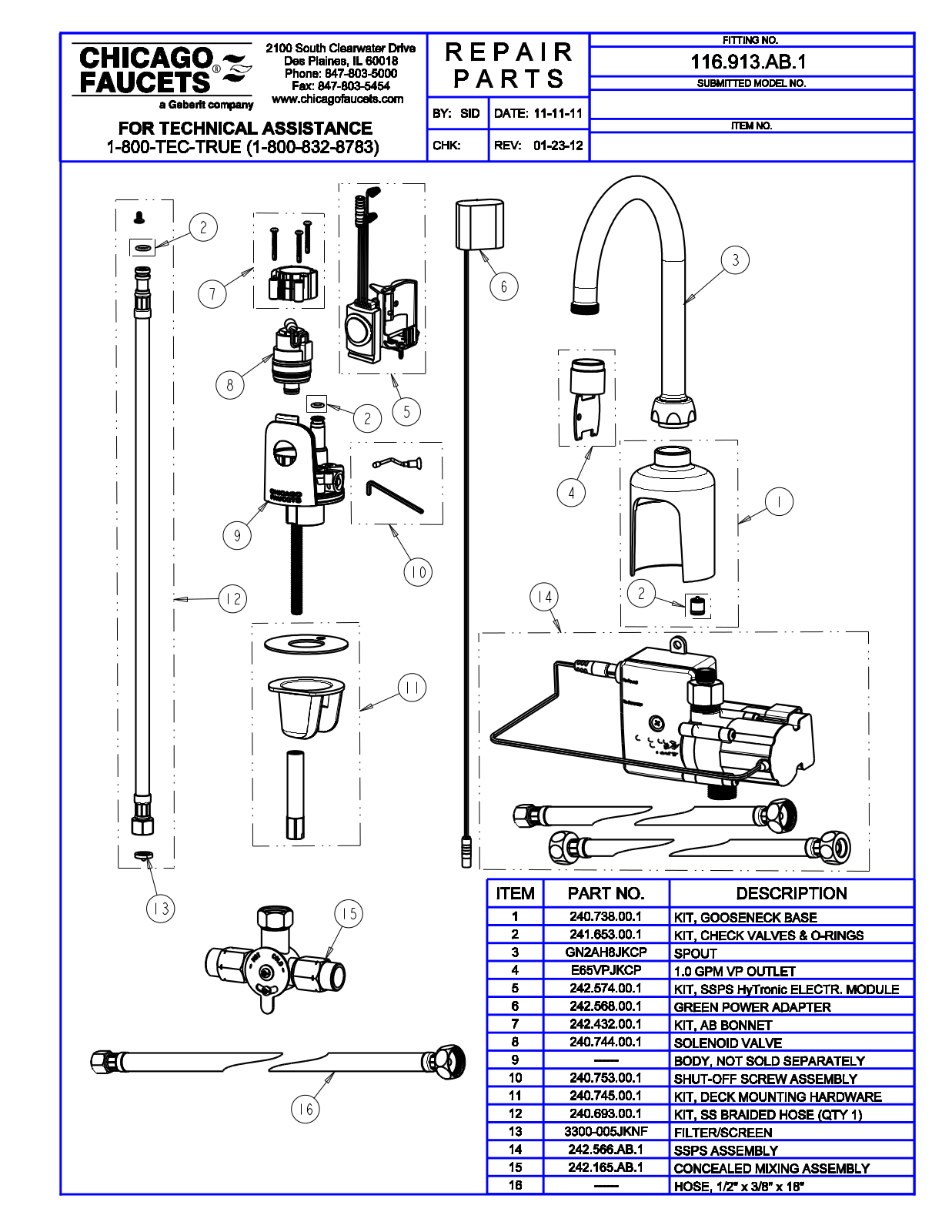 Chicago Faucet 116.913.AB.1 Parts List