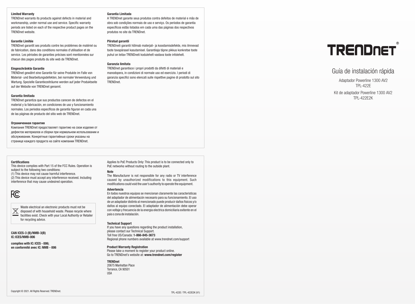 Trendnet TPL-422E2K, TPL-422E Quick Installation Guide