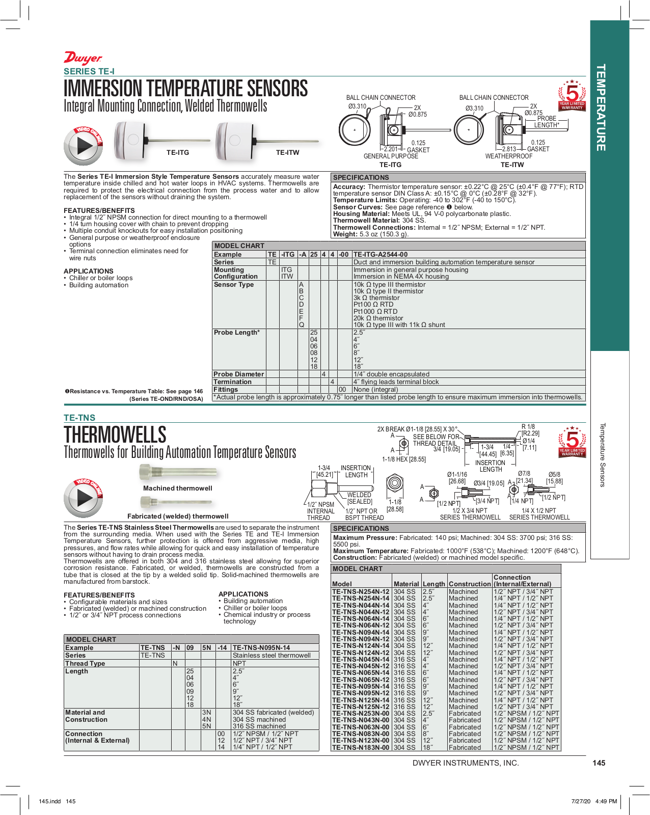 Dwyer Instruments TE-TNS Catalog Page