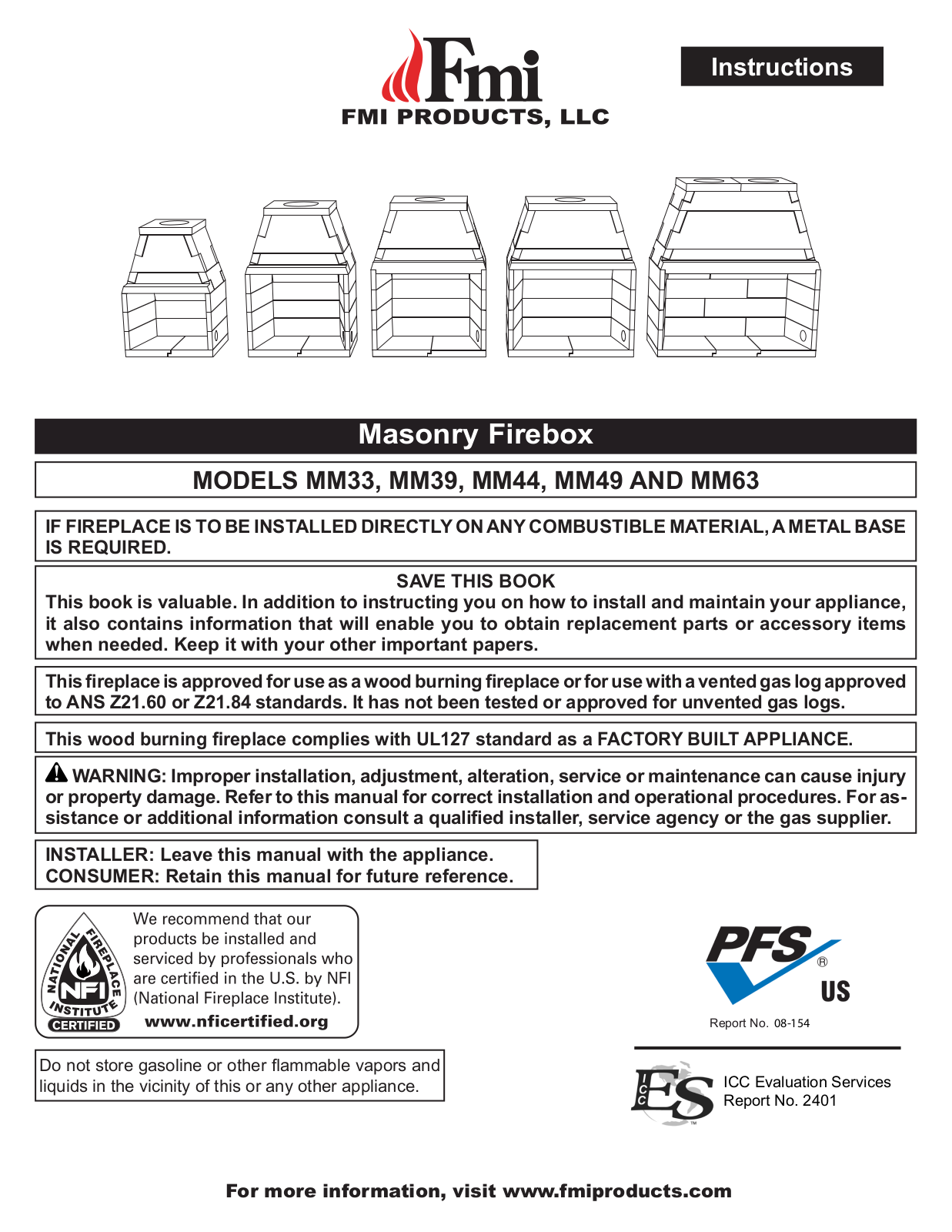 FMI Masonry Series, Masonry MM33, Masonry MM49, Masonry MM39, Masonry MM63 Instructions Manual