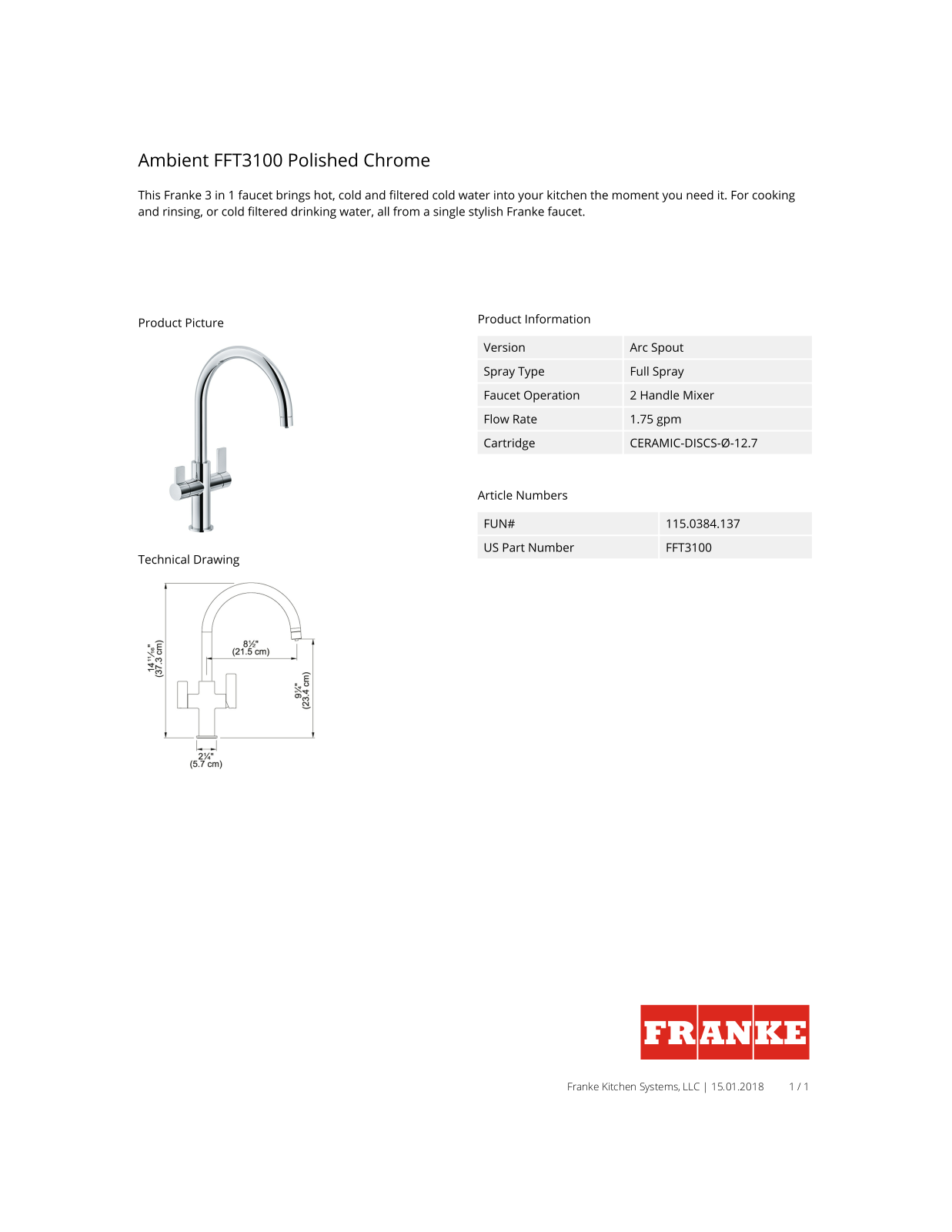 Franke FFT3100 Specs