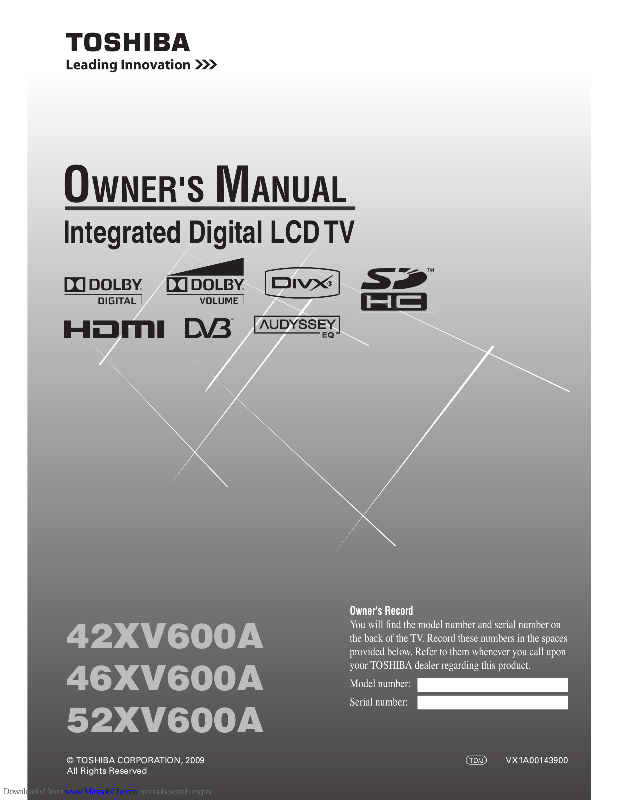 Toshiba 46XV600A, 52XV600A, 42ZV600A, 47ZV600A, 55ZV600A Owner's Manual