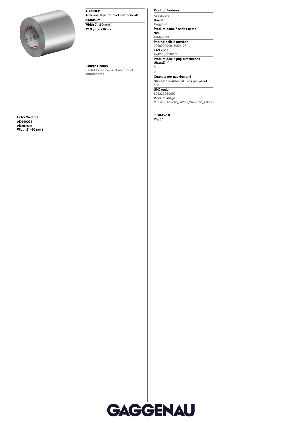 Gaggenau AD990091 Specification Sheet