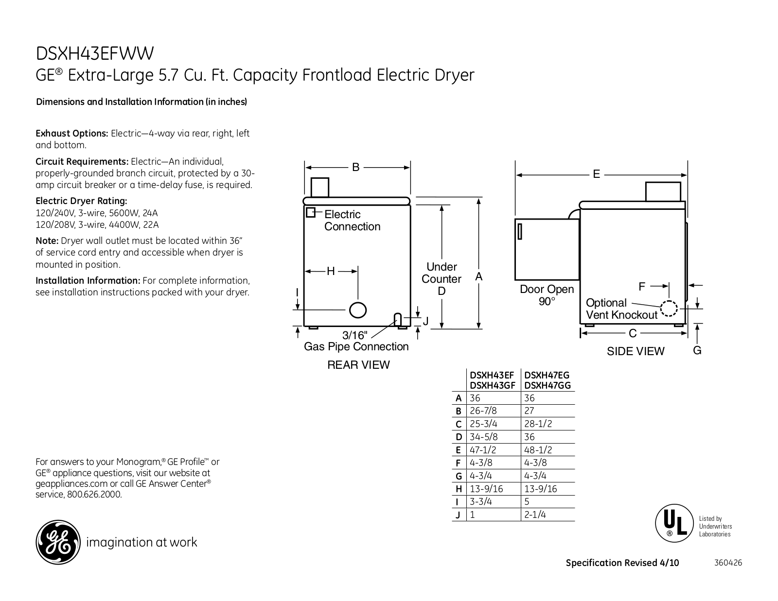 General Electric DSXH43EFWW Specifications