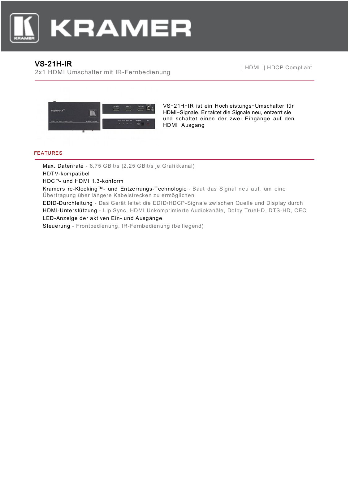 Kramer VS-21H-IR User Manual