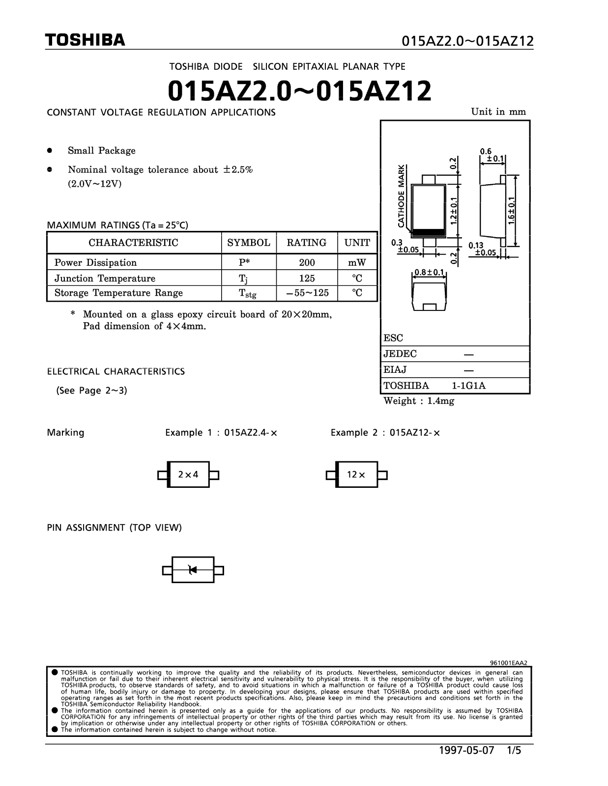 Toshiba 015AZ9.1-Y, 015AZ8.2-Z, 015AZ4.7-Y, 015AZ4.7-X, 015AZ4.3-Z Datasheet