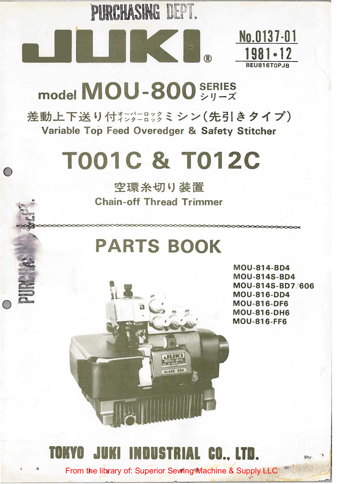 Juki MOU-800, T1001C, T1012C Manual