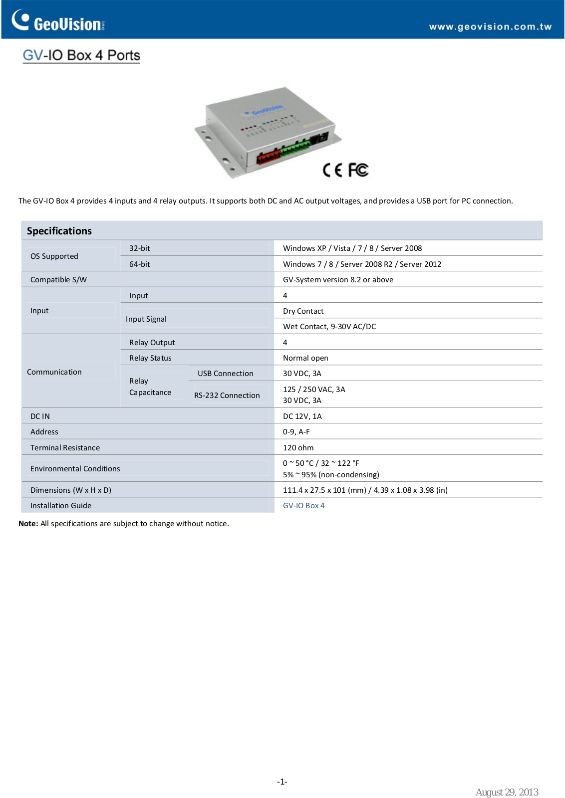 Geovision GV-IO Box 4 Ports Specsheet