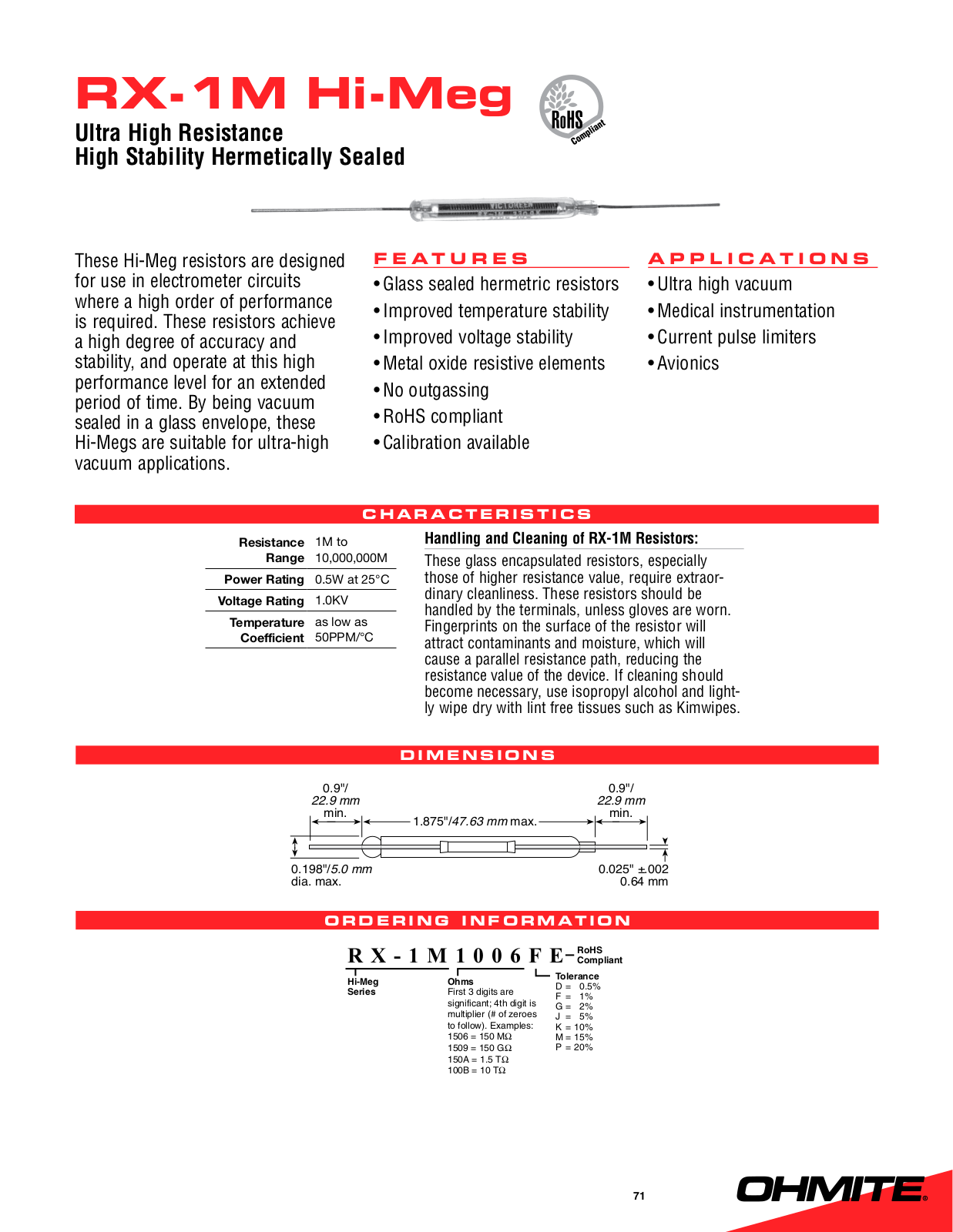 Ohmite RX-1M Hi-Meg Data Sheet