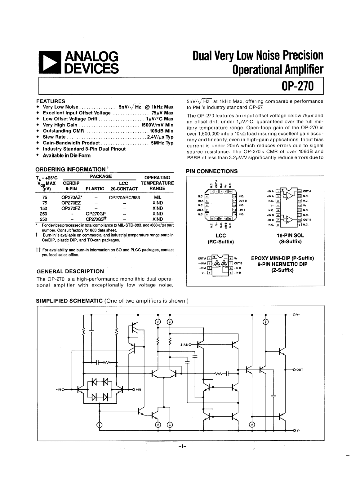 Analog Devices OP270ARC-883, OP270GS, OP270GP, OP270AZ, OP270FZ Datasheet