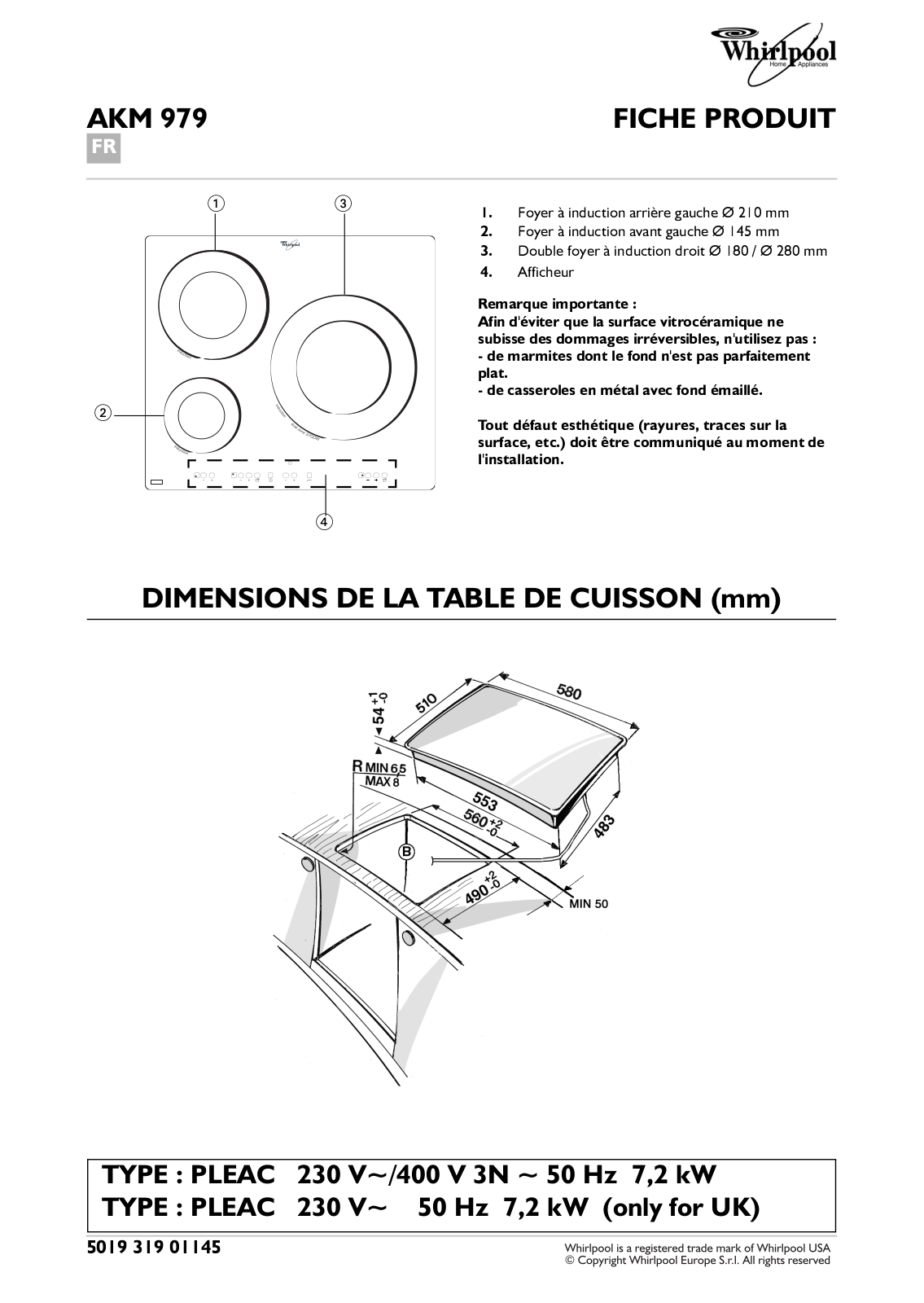 Whirlpool AKM 979 PRODUCT SHEET