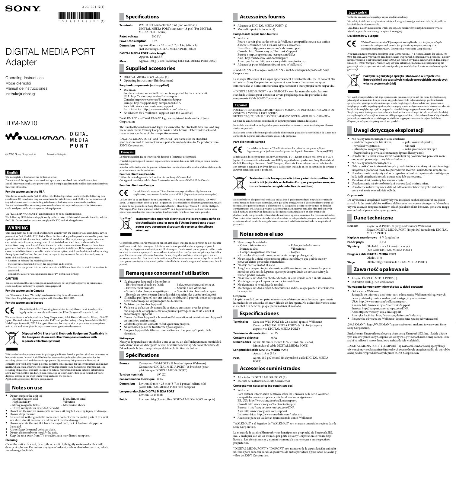 Sony Walkman TDM-NW10 Operating Instructions Manual