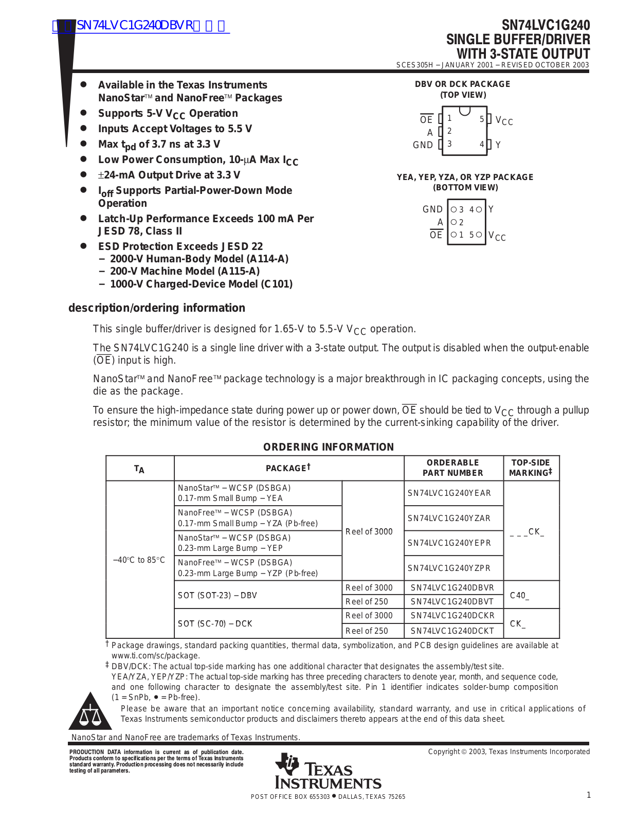 TEXAS INSTRUMENTS SN74LVC1G240 Technical data