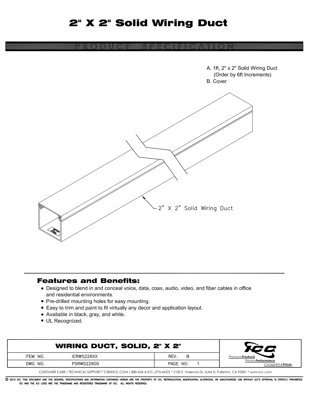 ICC ICRWS226WH Specsheet