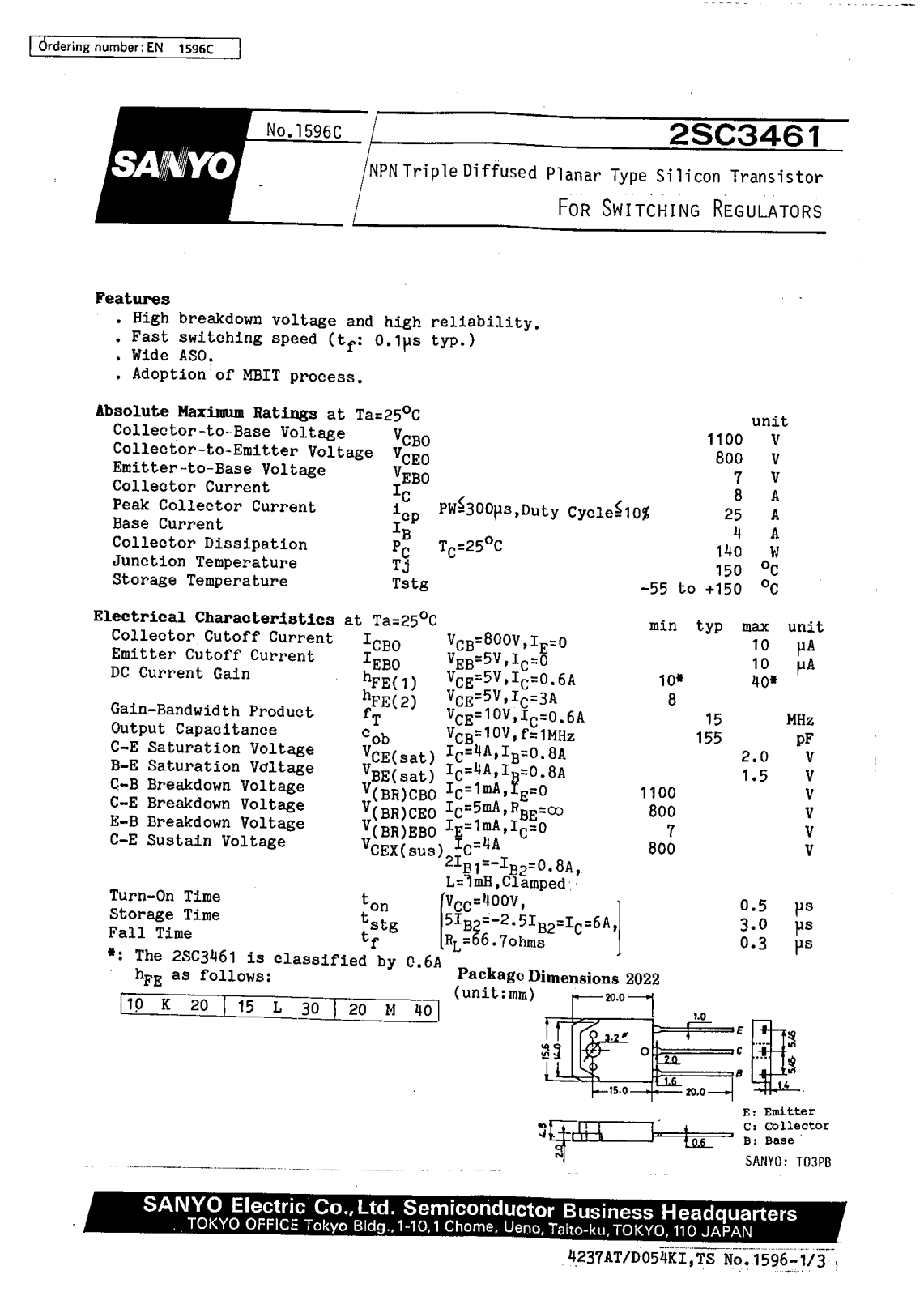 SANYO 2SC3461 Datasheet