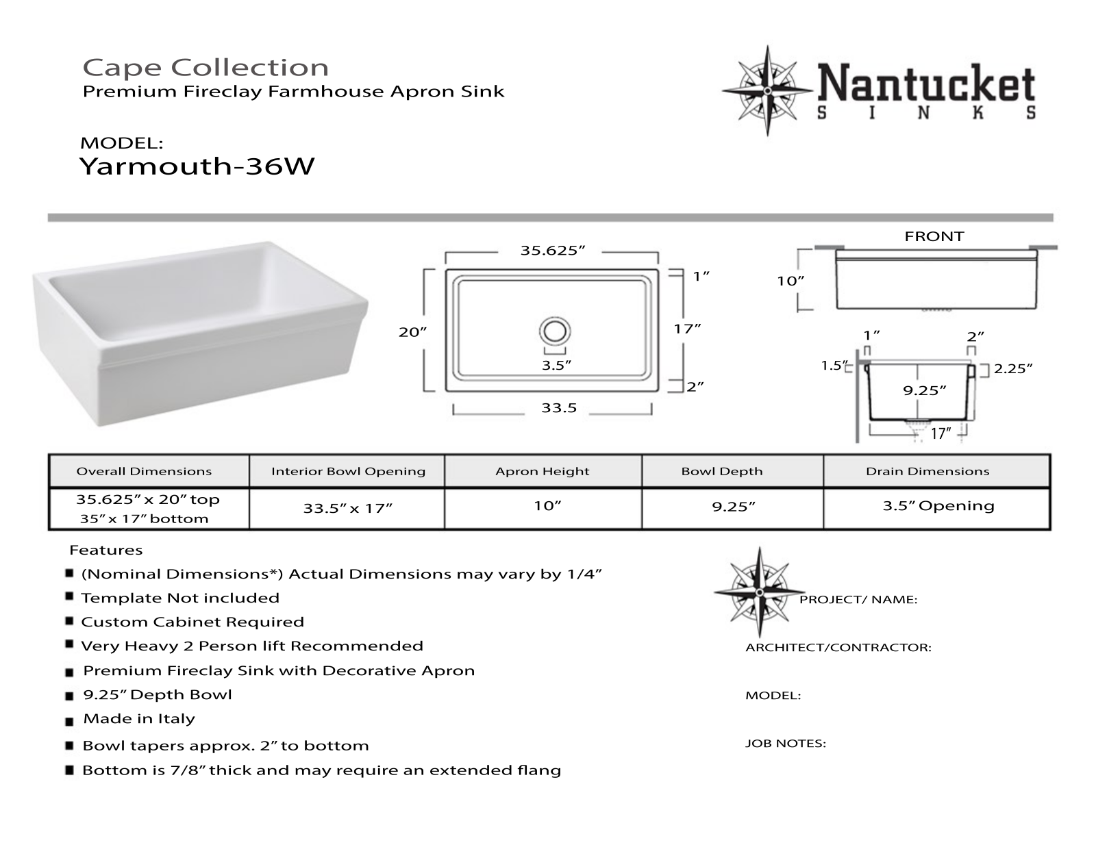 Nantucket YARMOUTH36W Specifications