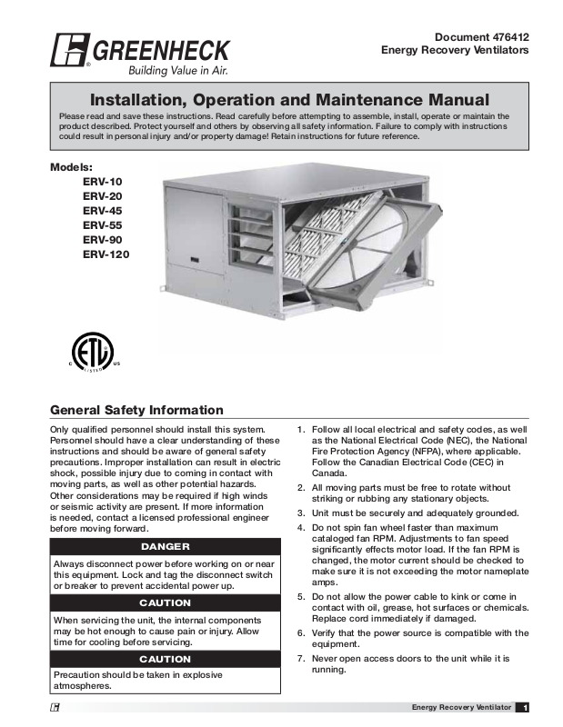 Greenheck ERV10 Installation Manual