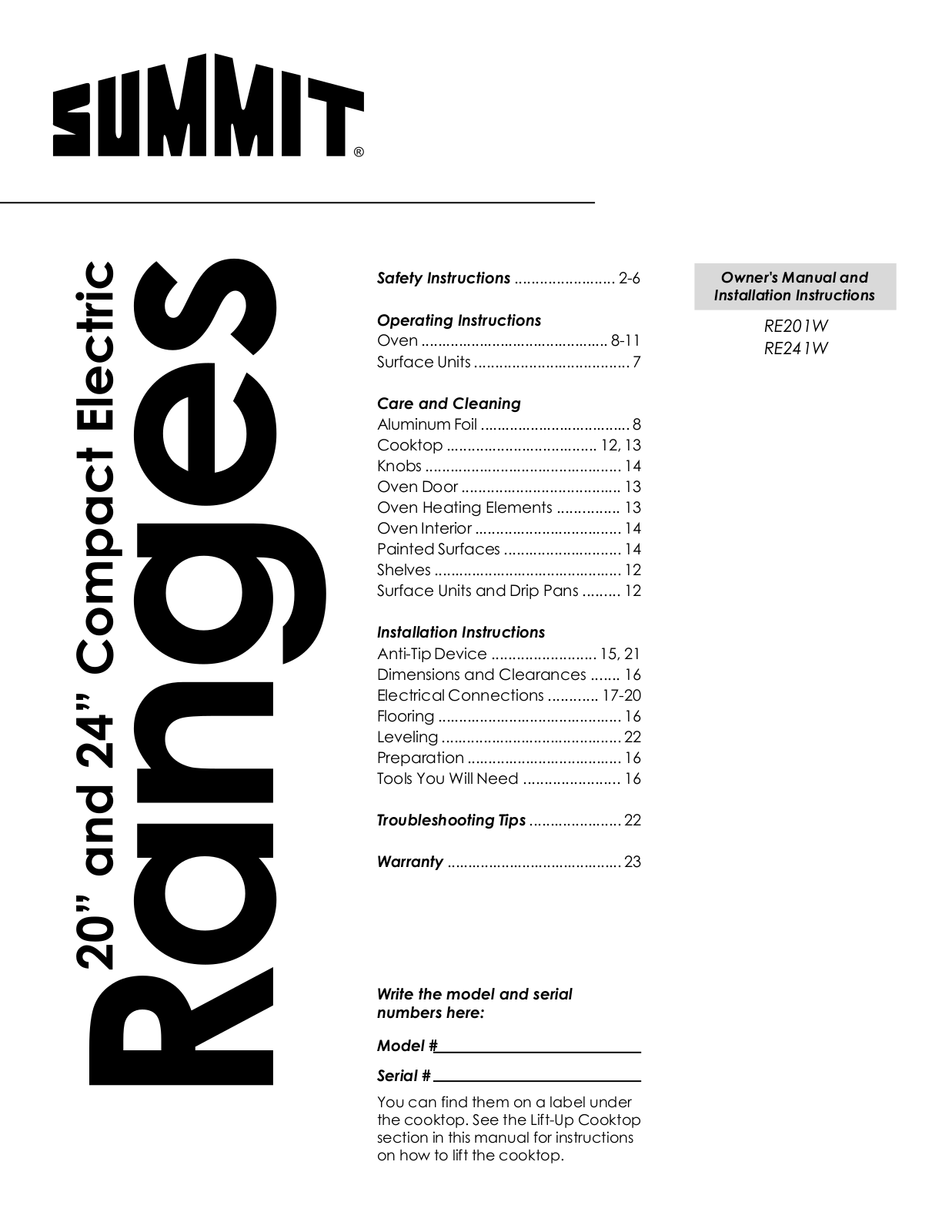 Summit RE241W Use & Care