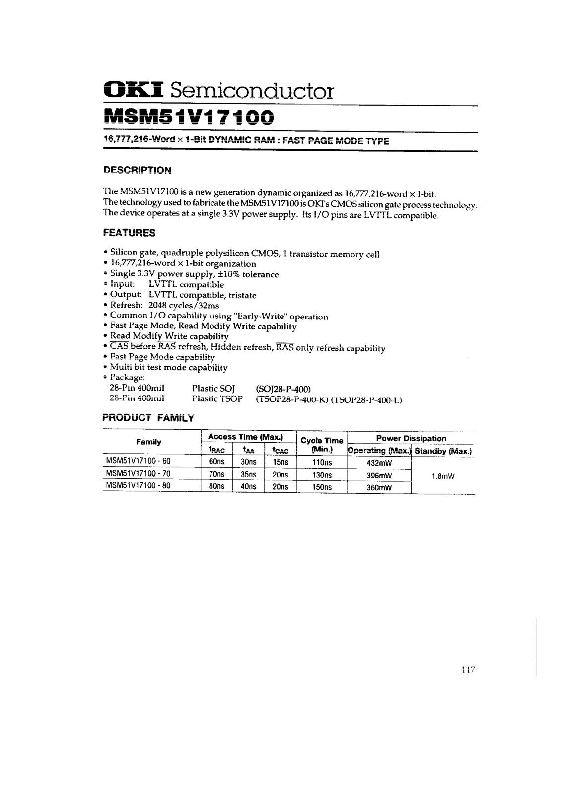 OKI MSM51V17100-80TS-K, MSM51V17100-70JS, MSM51V17100-80TS-L, MSM51V17100-80JS, MSM51V17100-70TS-K Datasheet