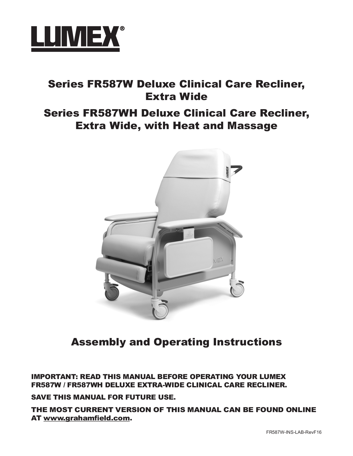 Graham Field Lumex FR587W Series, Lumex FR587WH Series Assembly And Operating Instructions Manual