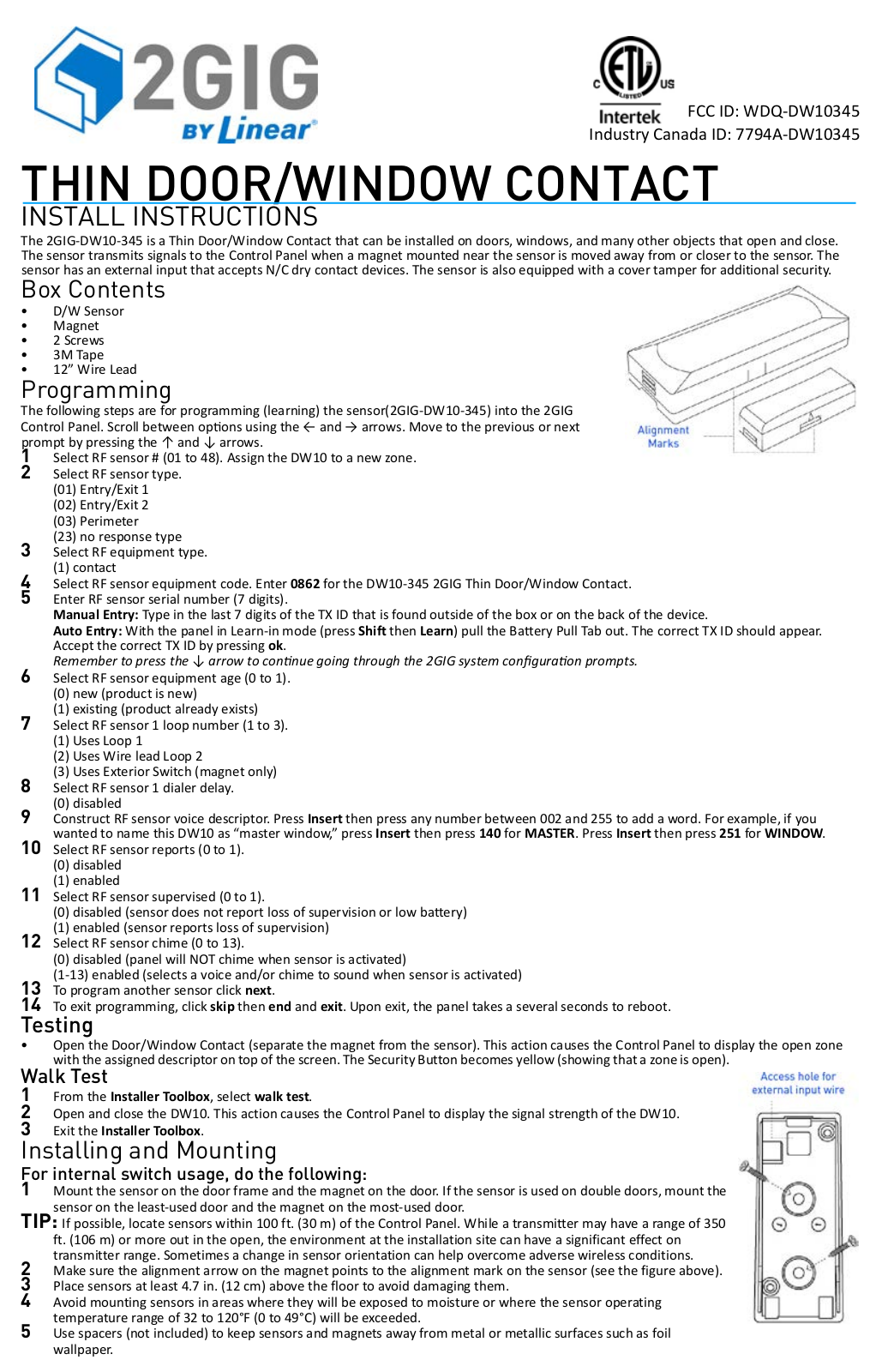 2GIG DW10-345 User Manual