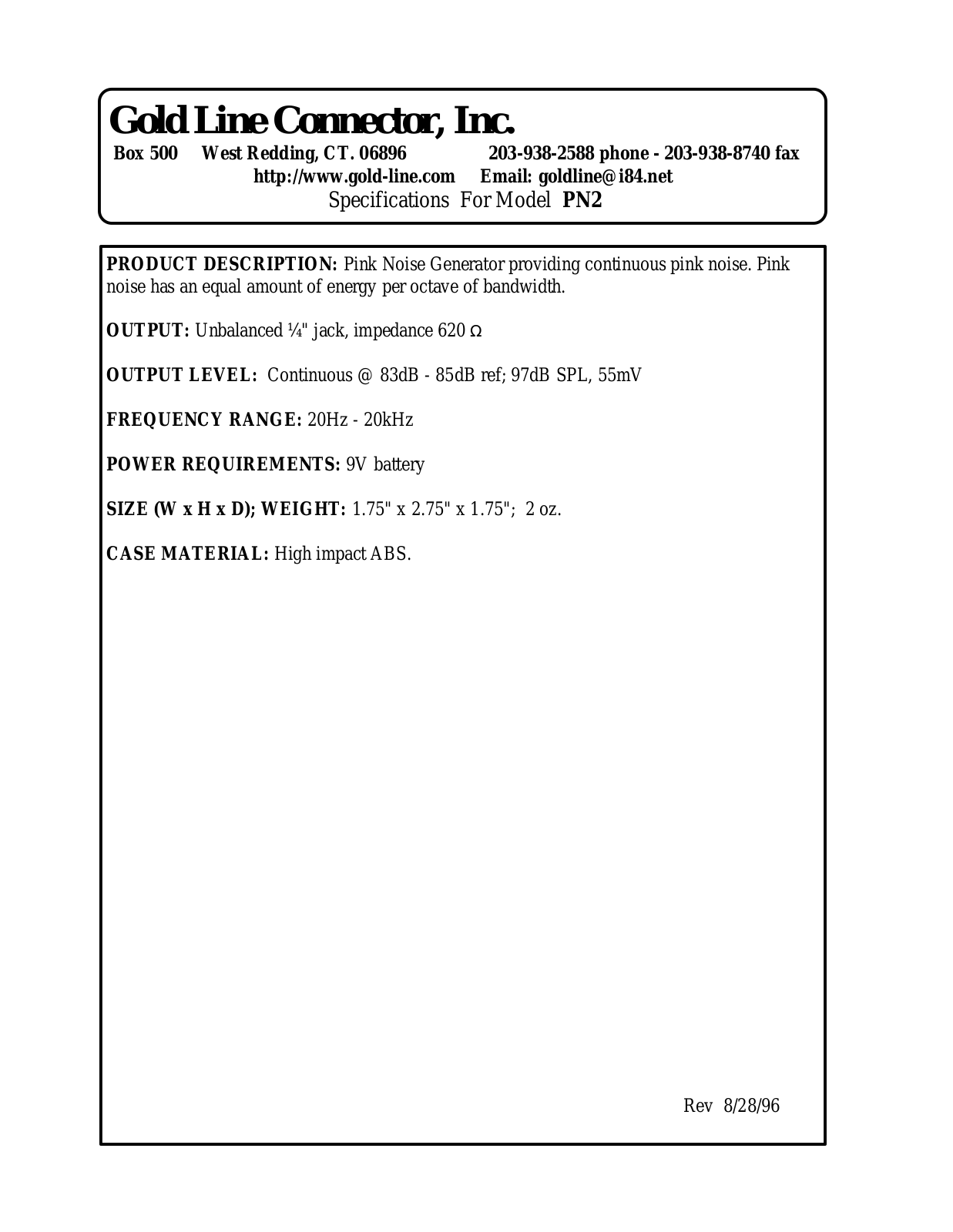 Goldline PN2 Specifications