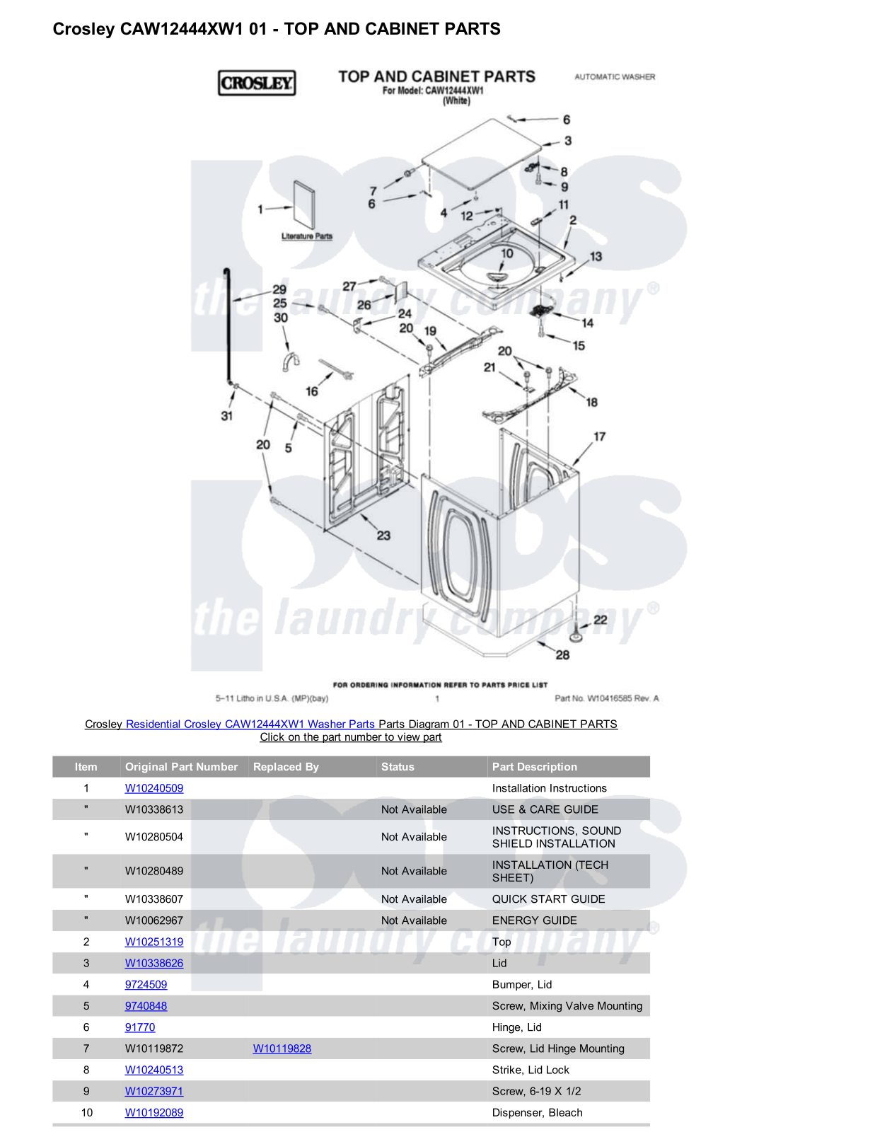 Crosley CAW12444XW1 Parts Diagram