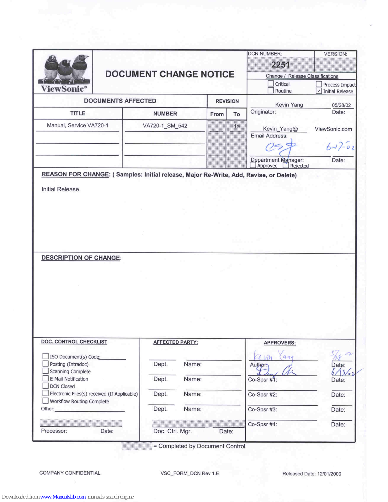 ViewSonic va720-1, ve175/b-1, VLCDS23895-3W Service Manual