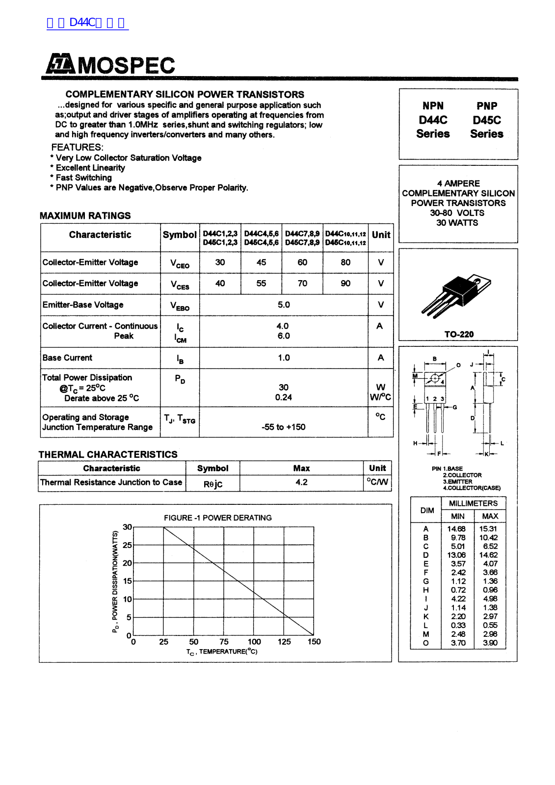 MOSPEC D44C, D45C Technical data