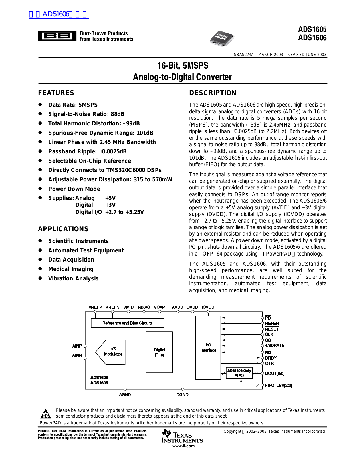 TEXAS INSTRUMENTS ADS1606 Technical data