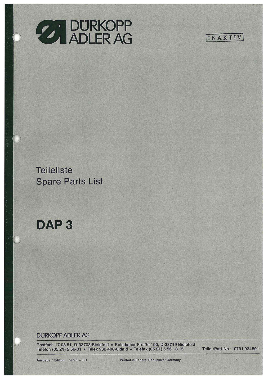 Durkopp Adler DAP 3 Parts Book