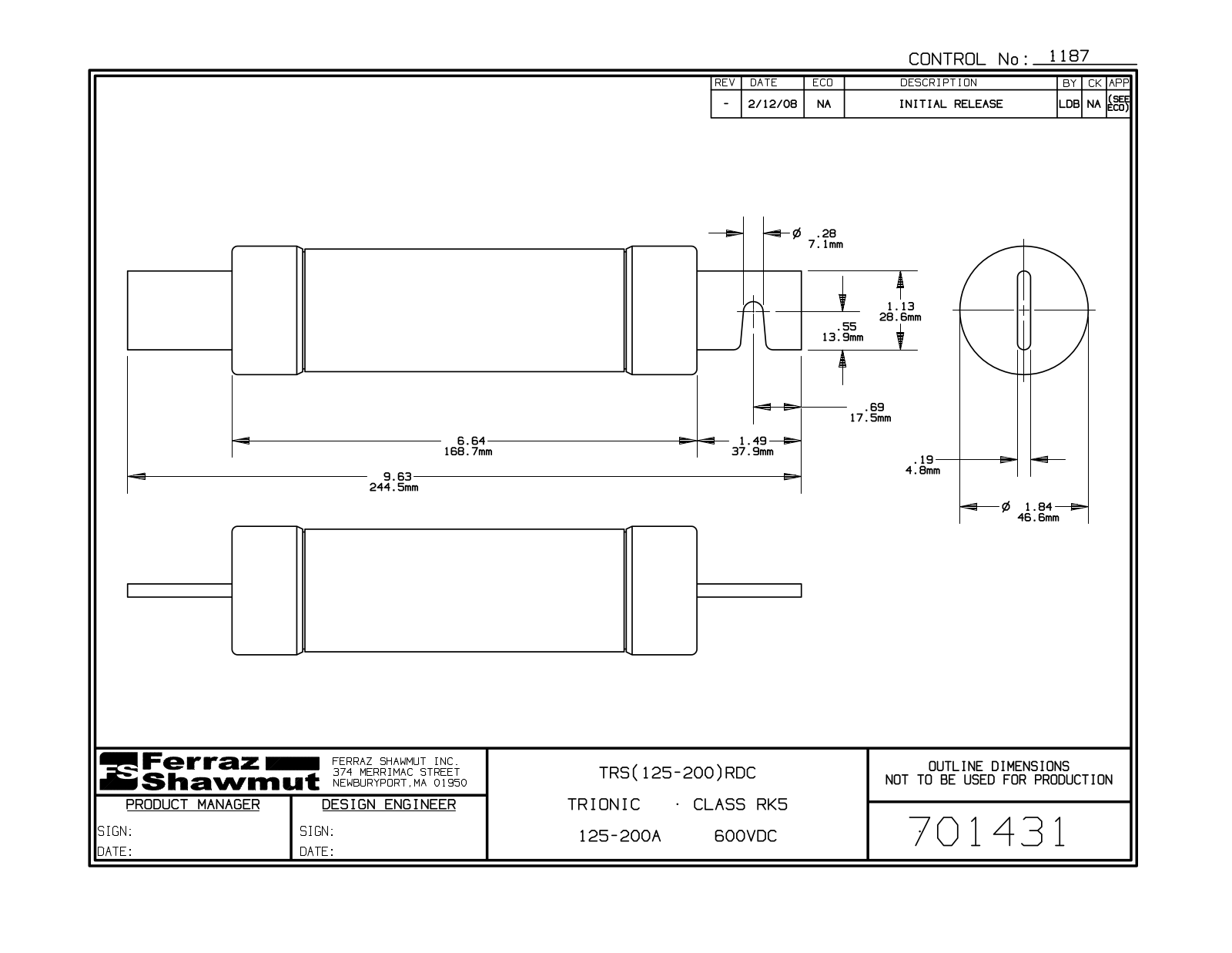 Mersen, formerly Ferraz Shawmut TRS(125-200)RDC Dimensional Sheet