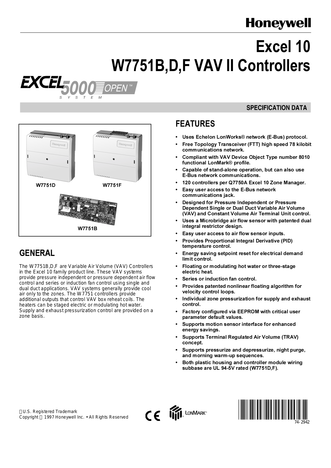 Honeywell W7751B, W7751D, W7751F Product specification sheet