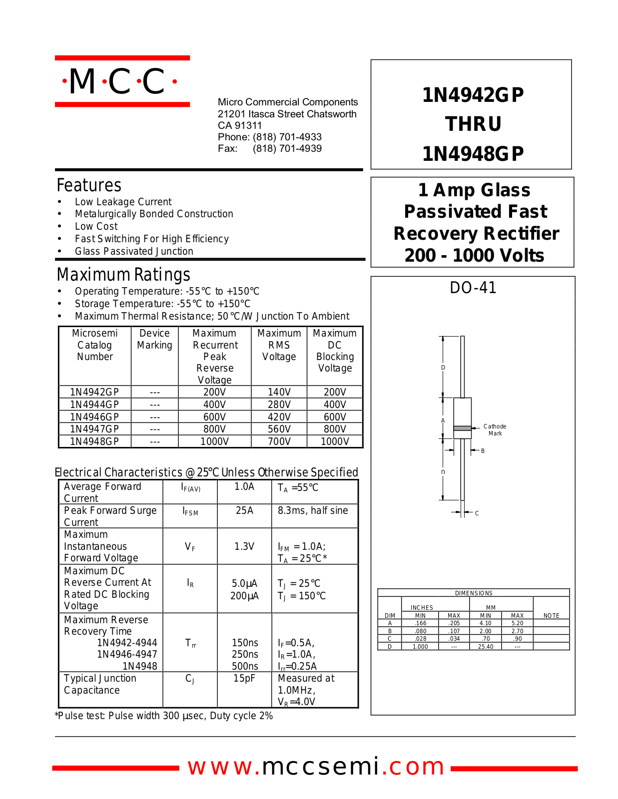 MCC 1N4948GP, 1N4947GP, 1N4946GP, 1N4944GP, 1N4942GP Datasheet