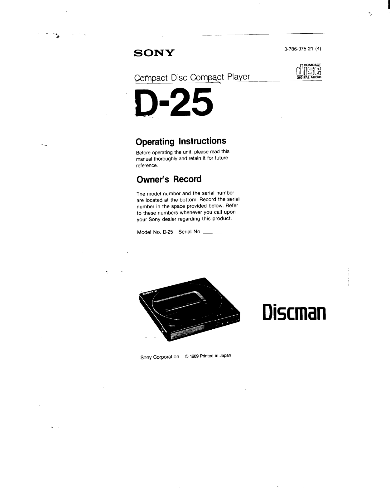 Sony D-25 Operating Manual