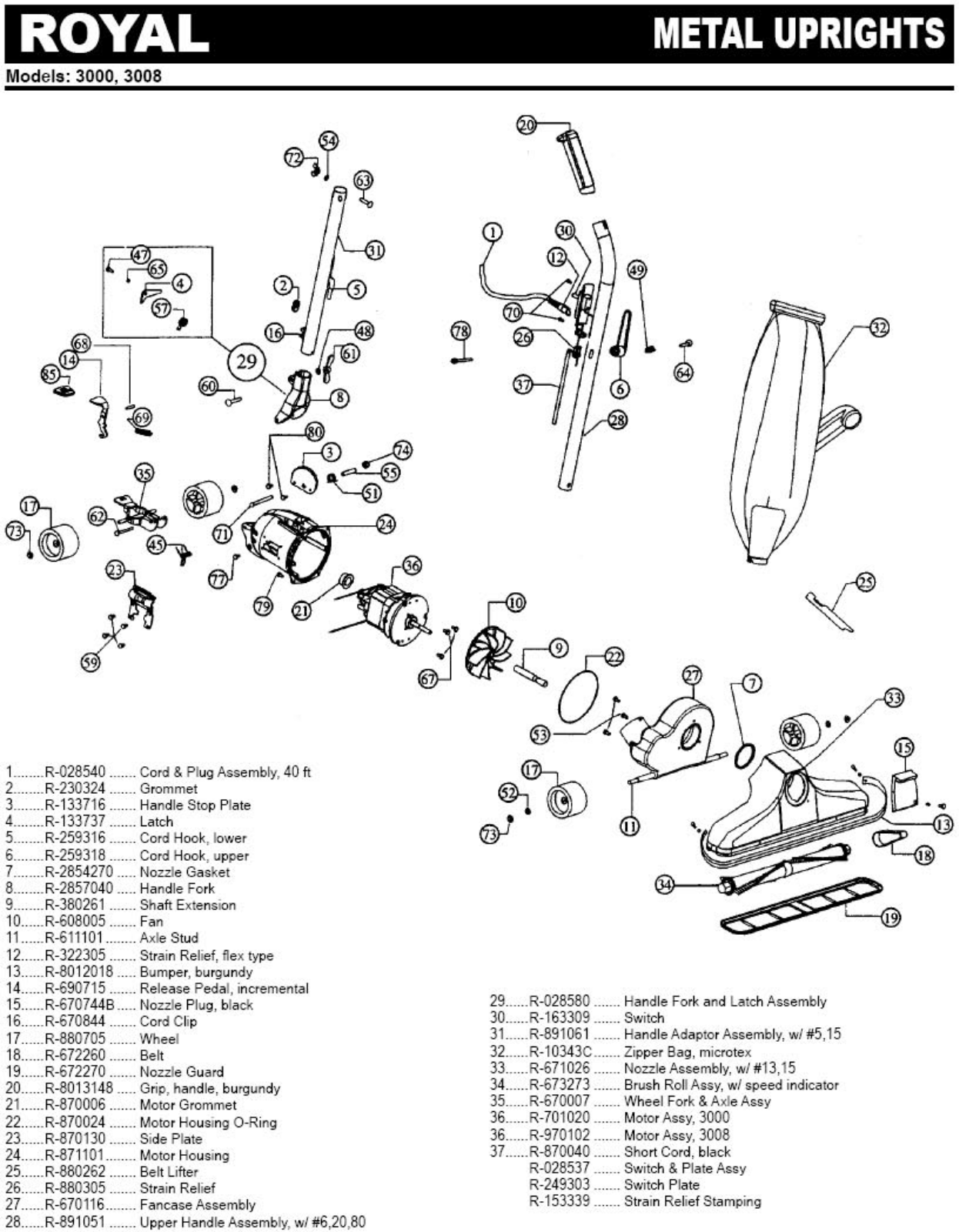 Royal 3008 Parts List